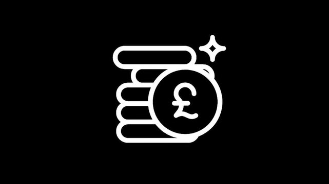 Stack of British pound coins with sparkle icon, simple white line art on black background