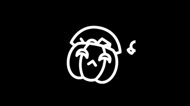 Simple white line art of a sad pumpkin wearing a hat on a black background