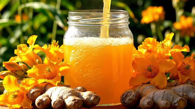 Fresh orange liquid being poured into a clear glass jar on a wooden surface, surrounded by vibrant orange lily flowers and raw ginger roots in a sunny outdoor garden setting.