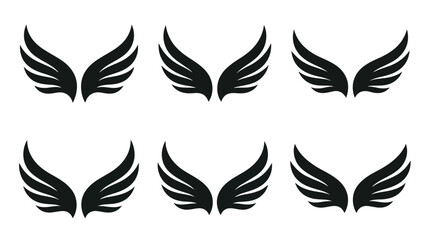Obraz premium Set of six black stylized wing icons arranged in two rows with a sleek modern design for branding or logo use