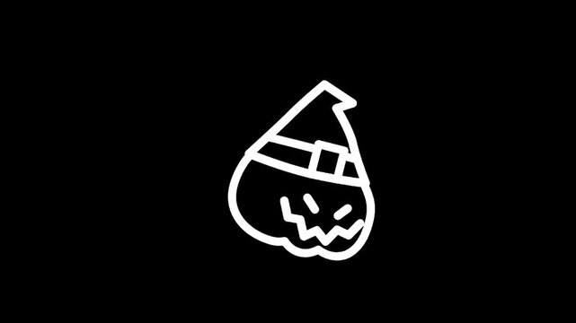Simple white line art of a jack-o-lantern wearing a witch hat on a black background