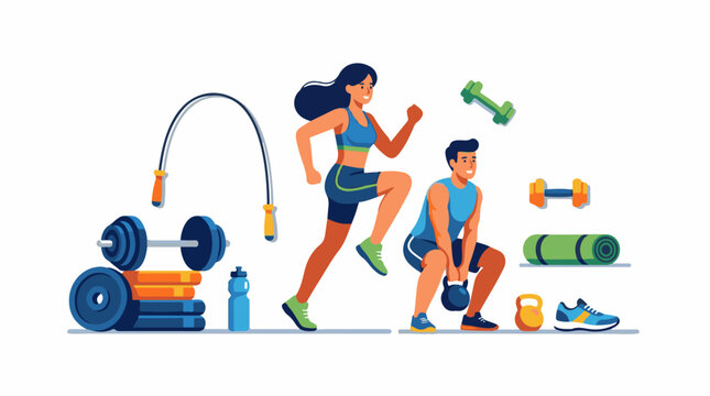 A colorful illustration depicts two fitness enthusiasts engaging in exercises