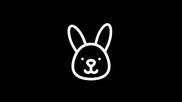 Simple white line drawing of a cute bunny face on a black background