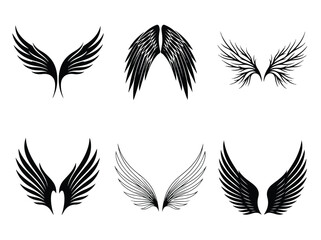 Obraz premium Set of six black and white abstract wing illustrations with various feather and wing designs for artistic projects