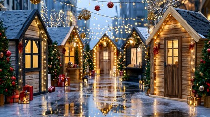 Fototapeta premium Charming Seasonal Street Shopping Scene with Illuminated Holiday Cabins and Festive Decor
