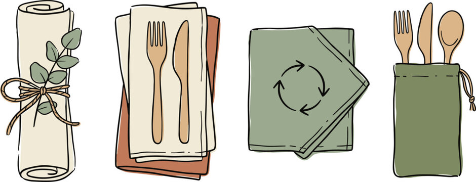 Eco friendly zero waste cutlery and reusable fabric napkin icon set with wooden utensils, recycling symbols, and linen pouches for sustainable catering branding designs
