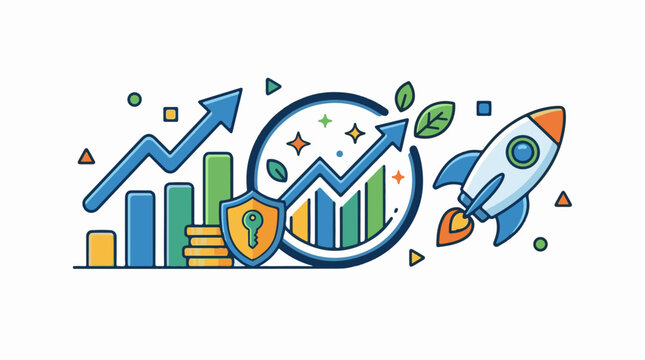 A colorful illustration of a rocket graphs and a shield with a key