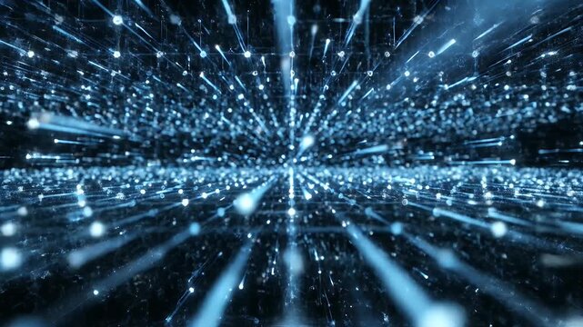 A mesmerizing abstract digital artwork depicts a network of glowing lines and points converging towards a central focal point, creating a sense of depth and futuristic technology.