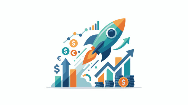 A colorful illustration of a rocket launching amidst rising graphs and currencies