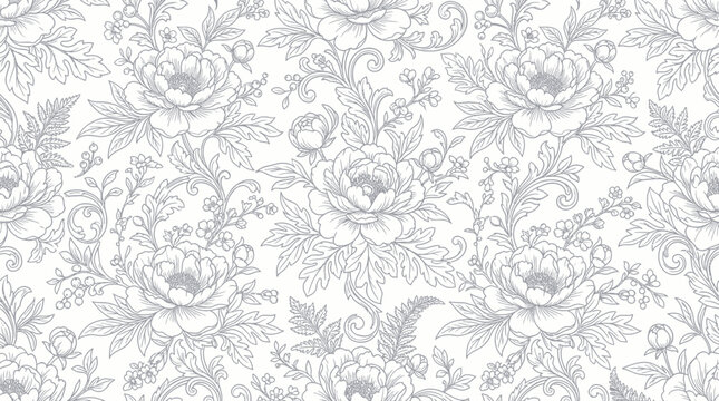 Botanical line art pattern with blooming peonies and ornate scrolls