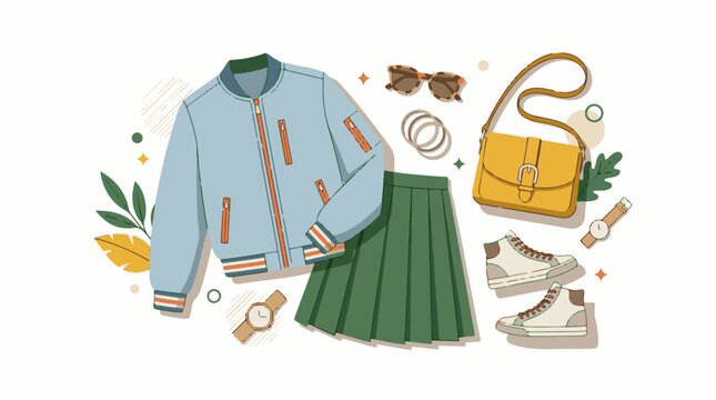 A colorful illustration of a stylish outfit consisting of a light blue jacket green skirt sneakers purse and accesso