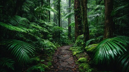 Obraz premium Lush Green Rainforest Path Leading Through Dense Foliage and Tall Trees in a Serene Nature Setting with Misty Atmosphere and Vibrant Plant Life