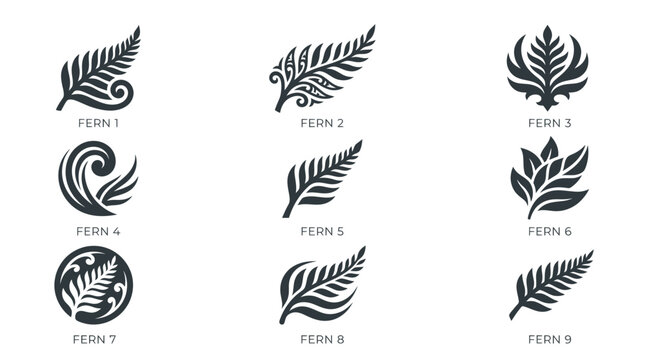 Silver fern icons and koru inspired leaf logo collection