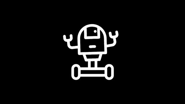 Simple line art icon of a friendly robot on wheels against a black background