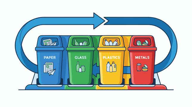 A colorful illustration of four recycling bins with labeled categories