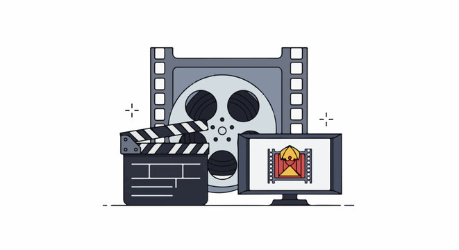 Cinema production elements film reel, clapperboard, and monitor displaying a scene