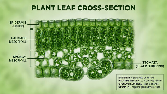 Plant leaf cross section epidermis palisade mesophyll spongy mesophyll stomata chloroplast plant cell plant tissue biology botany educational diagram with labeled structures for learning