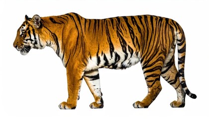 Obraz premium Bengal tiger walking profile on white background.