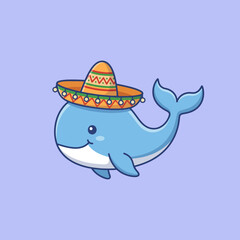 Fototapeta premium A cute blue whale wearing a colorful traditional Mexican sombrero hat