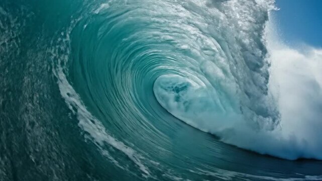 A massive blue ocean wave curls under a bright sky