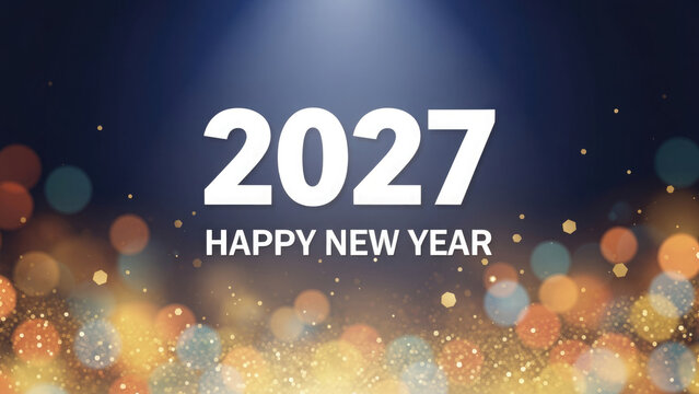 Festive new year 2027 greeting with bokeh lights and celebratory text on a dark background