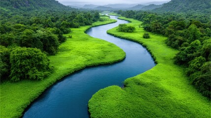 Fototapeta premium Serene River Meandering Through Lush Green Landscape, Nature's Beauty in the Heart of Wilderness, Aerial View of Scenic Pathways and Vibrant Foliage