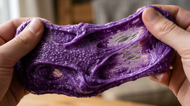 Hands stretching purple textured slime with white strands, close-up detail