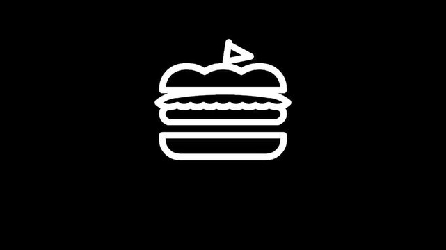 Simple white outline icon of a hamburger with a flag on a black background
