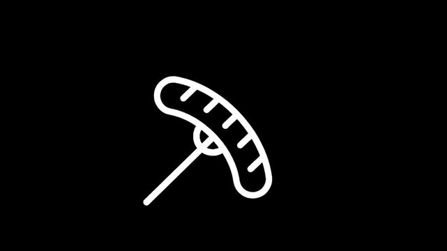Simple white line art icon of a sausage on a stick against a black background