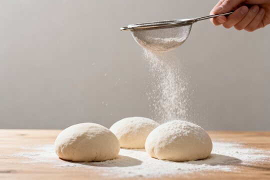 Baker Dusting Dough with Flour on Wooden Table