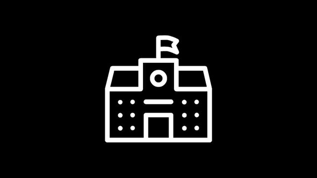 Simple white line icon of a classic school building with a flag on top