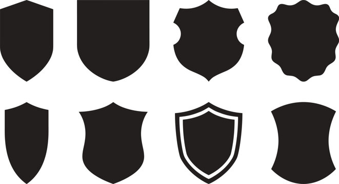 Set of black shield icons and security badges isolated on white background for logo design template