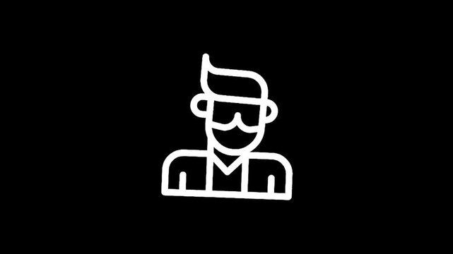 Stylized white outline of a man with sunglasses and mustache on black background