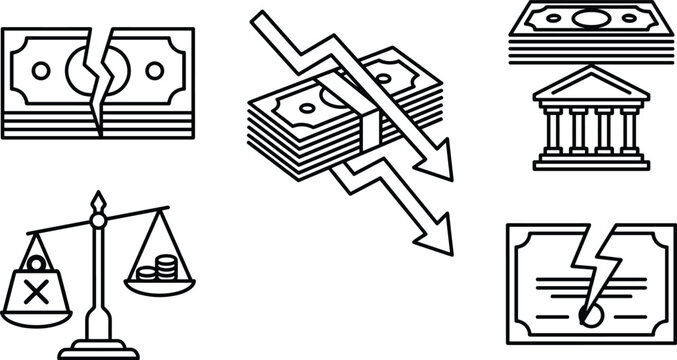 Financial crisis and economic inflation line icon set featuring torn money, market crash arrows, bankruptcy, and banking collapse symbols for business report designs