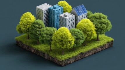 Fototapeta premium Eco-Friendly Urban Area with Modern Buildings Surrounded by Green Trees and Grass in a Sustainability Concept Design for Stock Photos