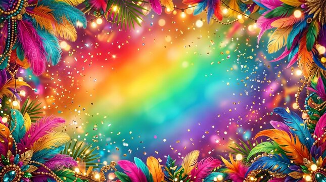 Notting Hill Carnival banner background, vibrant rainbow gradient, colorful Caribbean feather decorations around edges