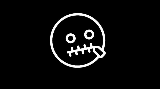 Simple white line art emoji with zipper mouth on black background
