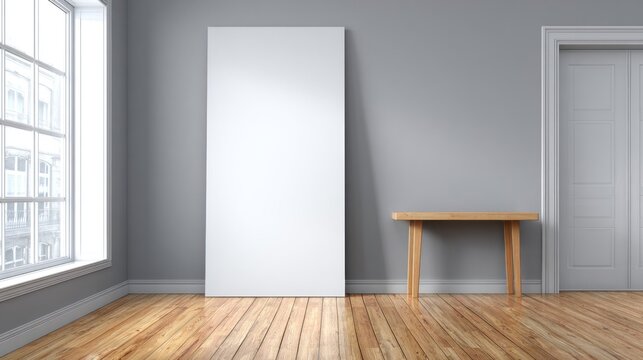 Large vertical white panel stands next to a small wooden table in a minimalist room setting
