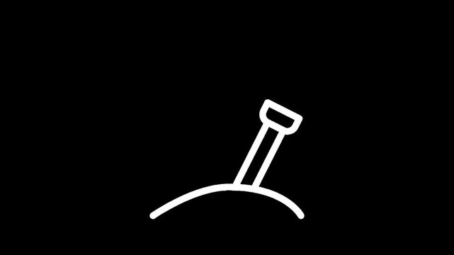 Simple white line icon of a shovel stuck in the ground on a black background