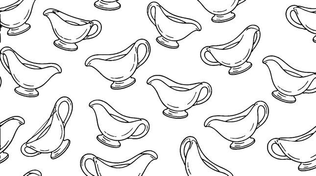 Repeating pattern of gravy boat illustrations in black and white.