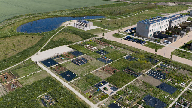 Aerial view of organized community garden plots adjacent to modern residential housing and a small pond in Almere, Flevoland, Netherlands.