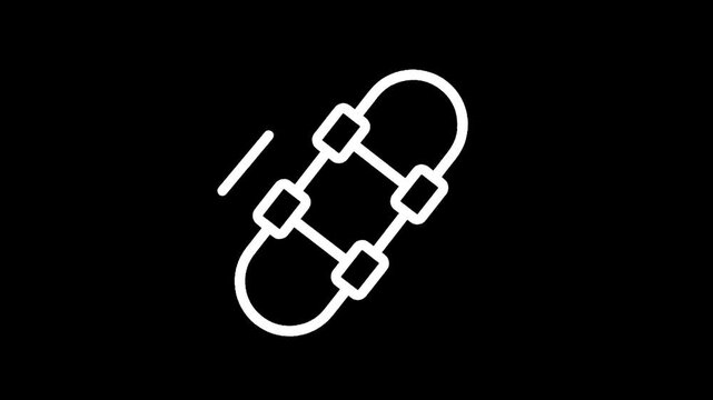 Simple white line art icon of a skateboard in motion on a black background