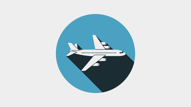 White airplane icon with a long shadow is centered in a blue circle as part of a travel and transportation related graphic design.