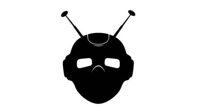 Striking black silhouette of a futuristic robot head with antennas and glowing eyes against a