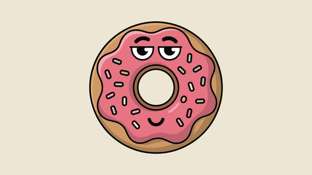 Bored cartoon donut character with pink icing and colorful sprinkles looks indifferent in a fun food themed vector illustration.