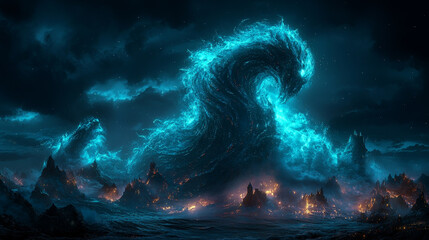 Giant glowing blue ocean wave shaped like mythical creature rises above dark, fiery landscape, creating dramatic and surreal night scene with intense energy and fantasy elements