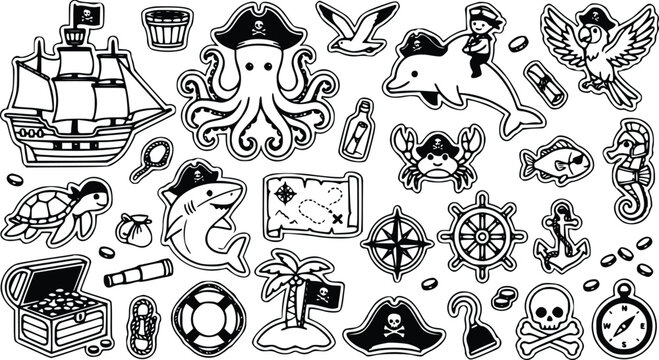Pirate themed vector illustration set including animals, ships and treasure symbols in black and white line art style for graphic design