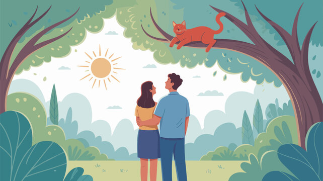 Couple stands together in a lush forest watching the sun rise as a ginger cat rests on a tree branch in a peaceful landscape.