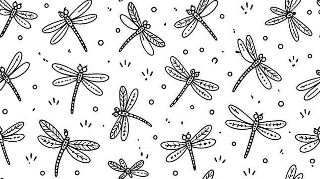 Delicate dragonfly pattern in black and white illustration.