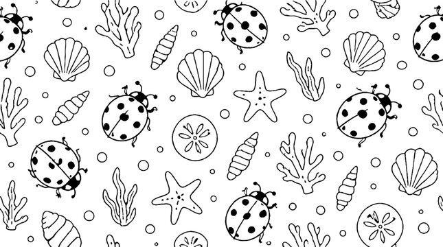 Black and white sea life and ladybug pattern design.